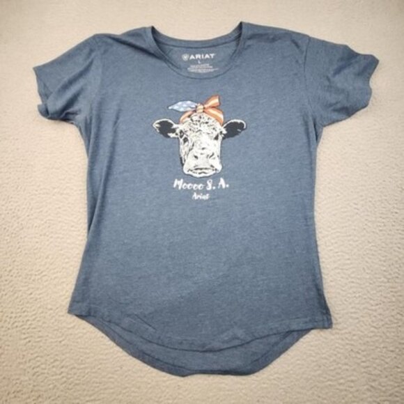 Ariat Tops - Ariat Shirt Womens Large Blue Moooo S.A. Patriotic Cow Graphic Short Sleeve Tee